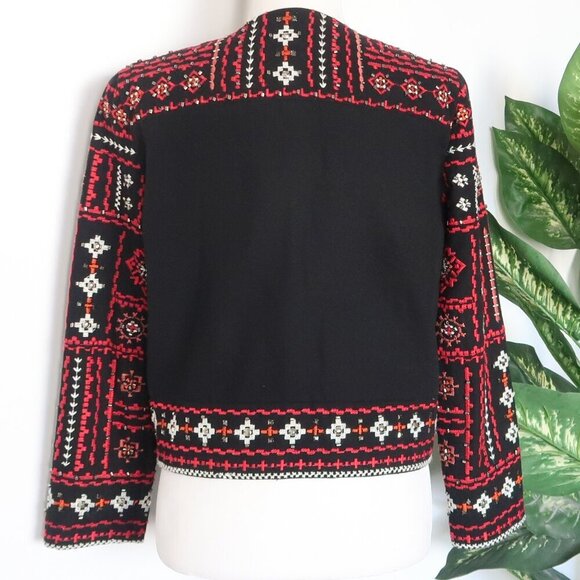 Zara Black Red Embroidered Beaded Open Front Crop Blazer Ethnic Dressy Statement - Picture 13 of 16